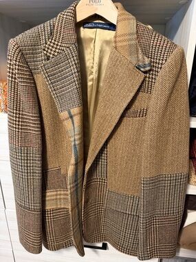 Polo by Ralph Lauren Patchwork Herringbone & Plaid Blazer in Tan and Brown